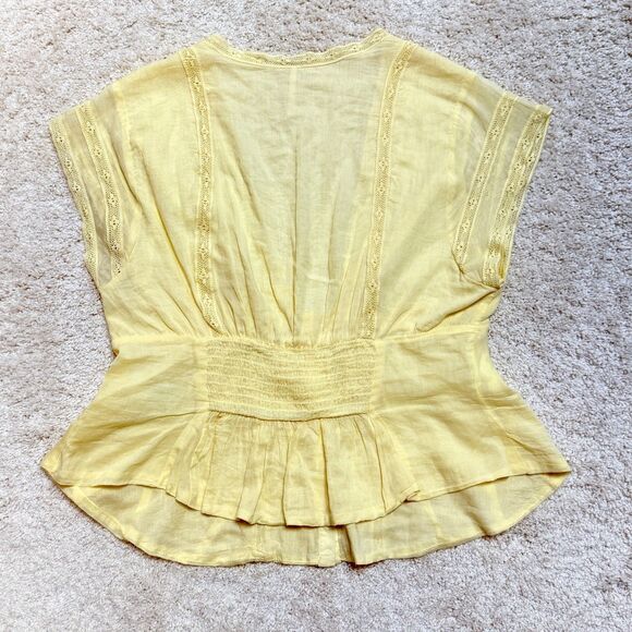 SOLD Free People Yellow V Neck Button Up Ruched Lace Flutter Sleeve Blouse Top S - Picture 7 of 12